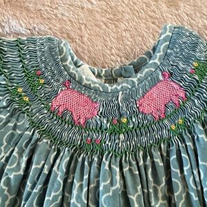 Smocked Blue One-Piece Dress with Pink Pig Embroidery